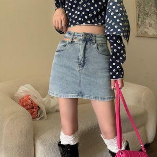 Cutout Washed Denim Mini Fitted Skirt