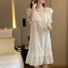 Short-sleeve Lace Trim Sleep Dress White - One Size