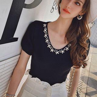 Short-sleeve Rhinestone Faux Pearl T-shirt
