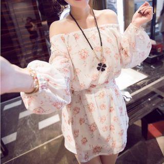 Flower Print Cold-shoulder Mini Dress