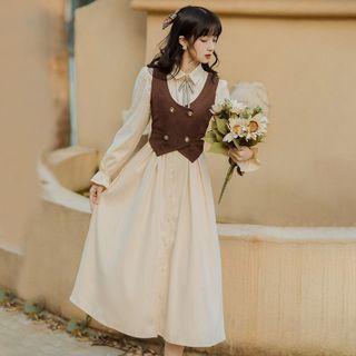 Set: Long-sleeve Midi A-line Shirtdress + Double-breasted Vest
