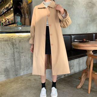Plain Single-breasted Coat With Sash Khaki - One Size