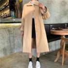 Plain Single-breasted Coat With Sash Khaki - One Size