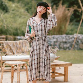 Plaid Button-front Puff-sleeve Dress