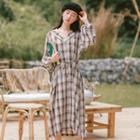 Plaid Button-front Puff-sleeve Dress