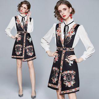 Set: Bow Detail Blouse + Flower Print Mini Overall Dress