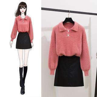 Furry Sweater / Faux-leather A-line Skirt / Set