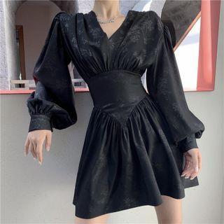 Lantern-sleeve V-neck Jacquard Dress