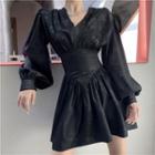 Lantern-sleeve V-neck Jacquard Dress