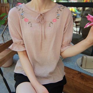Tie-neck Floral Embroidered Top