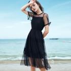 Short-sleeve Lace Trim A-line Mesh Overlay Dress