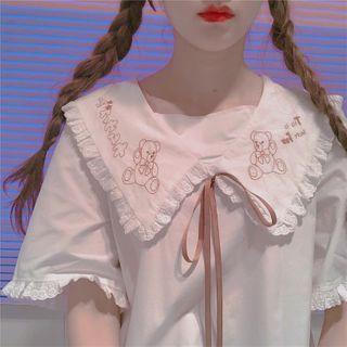 Bear Embroidered Tie-front Short-sleeve Blouse White - One Size