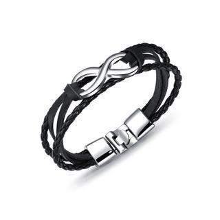 Simple Personality Infinity Symbol Black Leather Multilayer Bracelet Silver - One Size