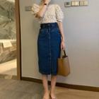 Puff-sleeve Pointelle Top / Denim Pencil Skirt / Set