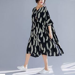 Elbow-sleeve Printed Midi Dress Black - One Size
