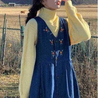 Turtleneck Sweater/ Denim Midi A-line Overall Dress