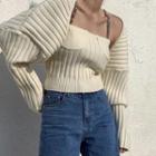 Set: Chain Strap Halter-neck Knit Top + Cropped Cardigan