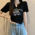 Short-sleeve Asymmetrical Printed Crop T-shirt