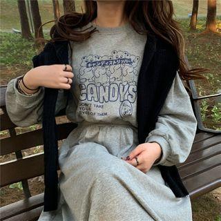 Bear Printed Long-sleeve Sweatshirt Dress Gray - One Size
