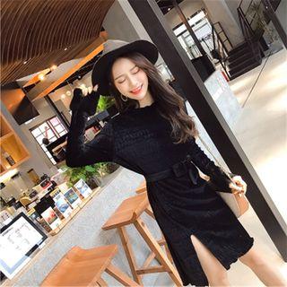 Furry Cuff Long-sleeve Shift Dress