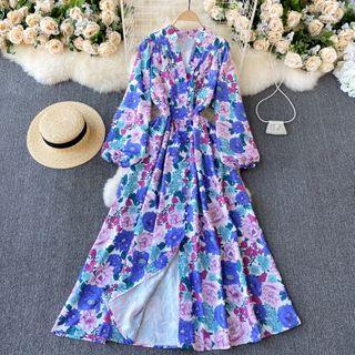 Long-sleeve Floral Print Midi Dress Blue & Pink - One Size