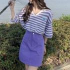 Elbow-sleeve V-neck Striped T-shirt / Mini Pencil Skirt / Set