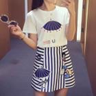 Set: Embroidered Short Sleeve T-shirt + Striped A-line Skirt