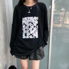 Long-sleeve Flower Printed T-shirt Black - One Size