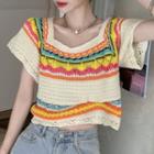 Short-sleeve Patterned Knit Top Off-white - One Size