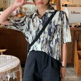 Elbow-sleeve Tie Dye Shirt Black & White - One Size