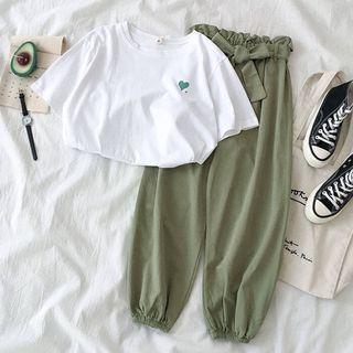 Set: Elbow-sleeve Heart Print T-shirt + Wide Leg Jogger Pants