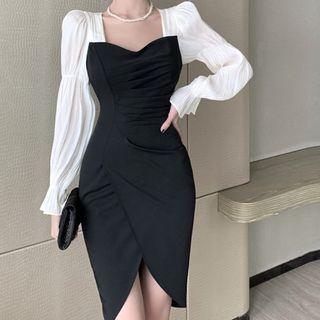 Long-sleeve Two-tone Tulip Sheath Dress