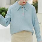 Long-sleeve Buttoned Front Collared Knit Top Blue - One Size