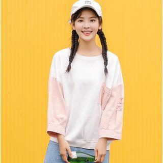 Color Block Distressed 3/4-sleeve Pullover