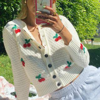 Cherry Print Knit Long-sleeve Cardigan