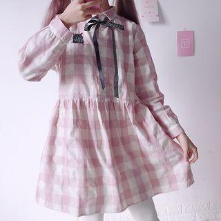 Embroidered Plaid Shirt Dress