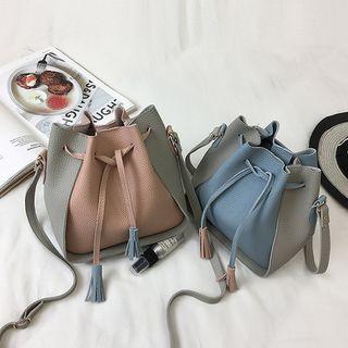 Faux-leather Colorblock Fringed Bucket Bag