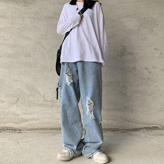 Ripped Wide-leg Straight Cut Jeans