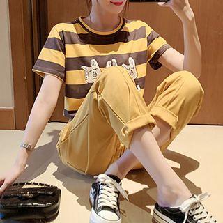 Set: Short-sleeve Printed Striped T-shirt + Cropped Pants