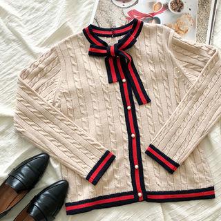 Tie-neck Contarst-trim Cable-knit Cardigan