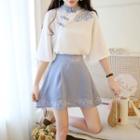 Set: Elbow-sleeve Embroidered Hanfu Top + Mini A-line Skirt