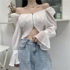 Square-neck Bell Sleeve Zip Up Chiffon Crop Top
