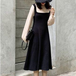 Mock Two-piece Lantern-sleeve Midi A-line Knit Dress Black - One Size