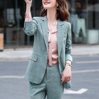 Plaid Blazer / Blouse / Straight-cut Pants