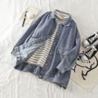 Striped Turtle-neck Long-sleeve Top / Loose-fit Denim Jacket