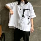 Elbow-sleeve Graphic Placket Shirt White - One Size