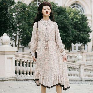 Flower Print Lace Trim Long-sleeve Midi Collared Dress