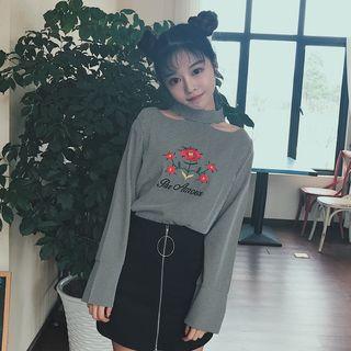 Cutout Embroidered Long-sleeve Top