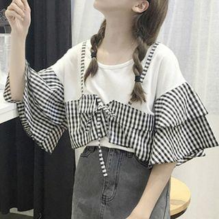 Gingham Panel Ruffle Top