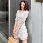 Elbow-sleeve Frill Trim Embroidered Perforated Mini Sheath Dress
